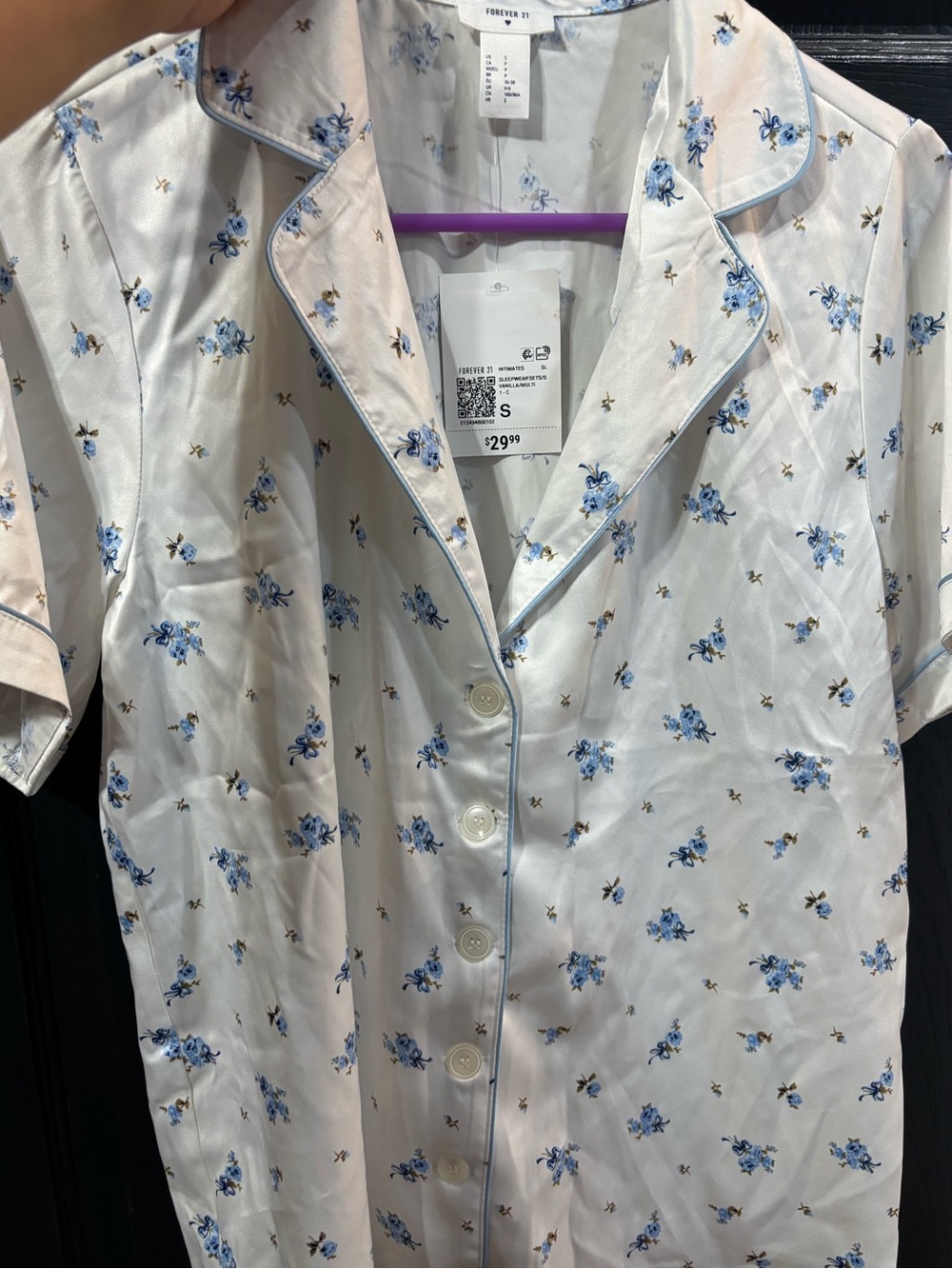 Forever 21 White Satin Short-Sleeve Floral Pajama Set